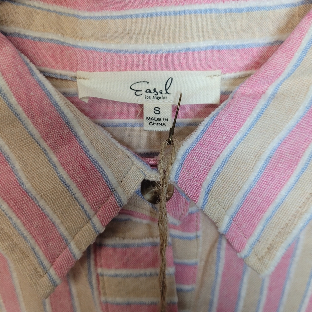 Easel Oversized Pink Blue Striped Textured Long Sleeve Button Up Top Shacket - Picture 9 of 9